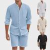Men's Summer Polyester Two-Piece Set: Long Sleeve Button-Up Shirt and Shorts for Casual Beachwear