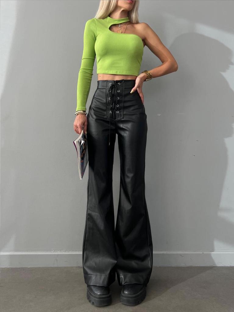 2024 European & American Women's Fashion: Sexy High-Waist Flared Leather Pants for Autumn/Winter