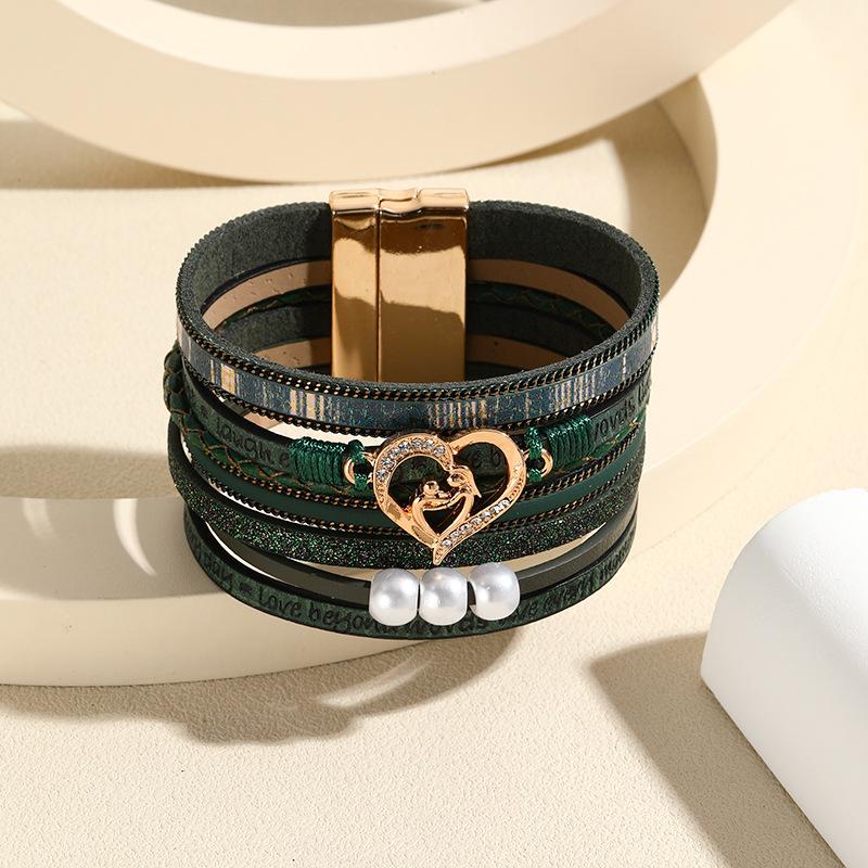 Boho Multi Layer Leather Bracelet for Women Jewelry Cupid Heart Magnet Buckle Holiday Gift