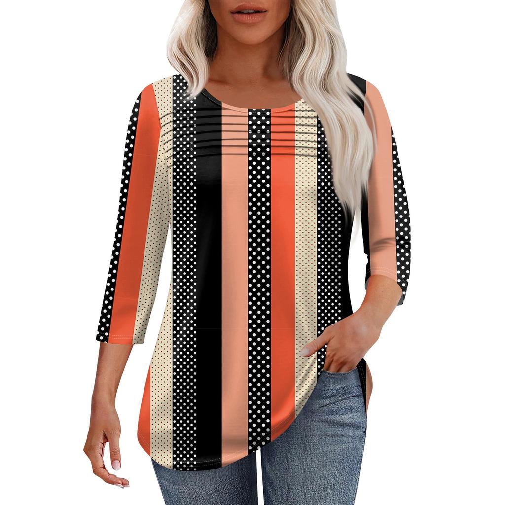 Женская мода круглый вырез шея плиссированная передняя планка однотонный топ рукав 3/4