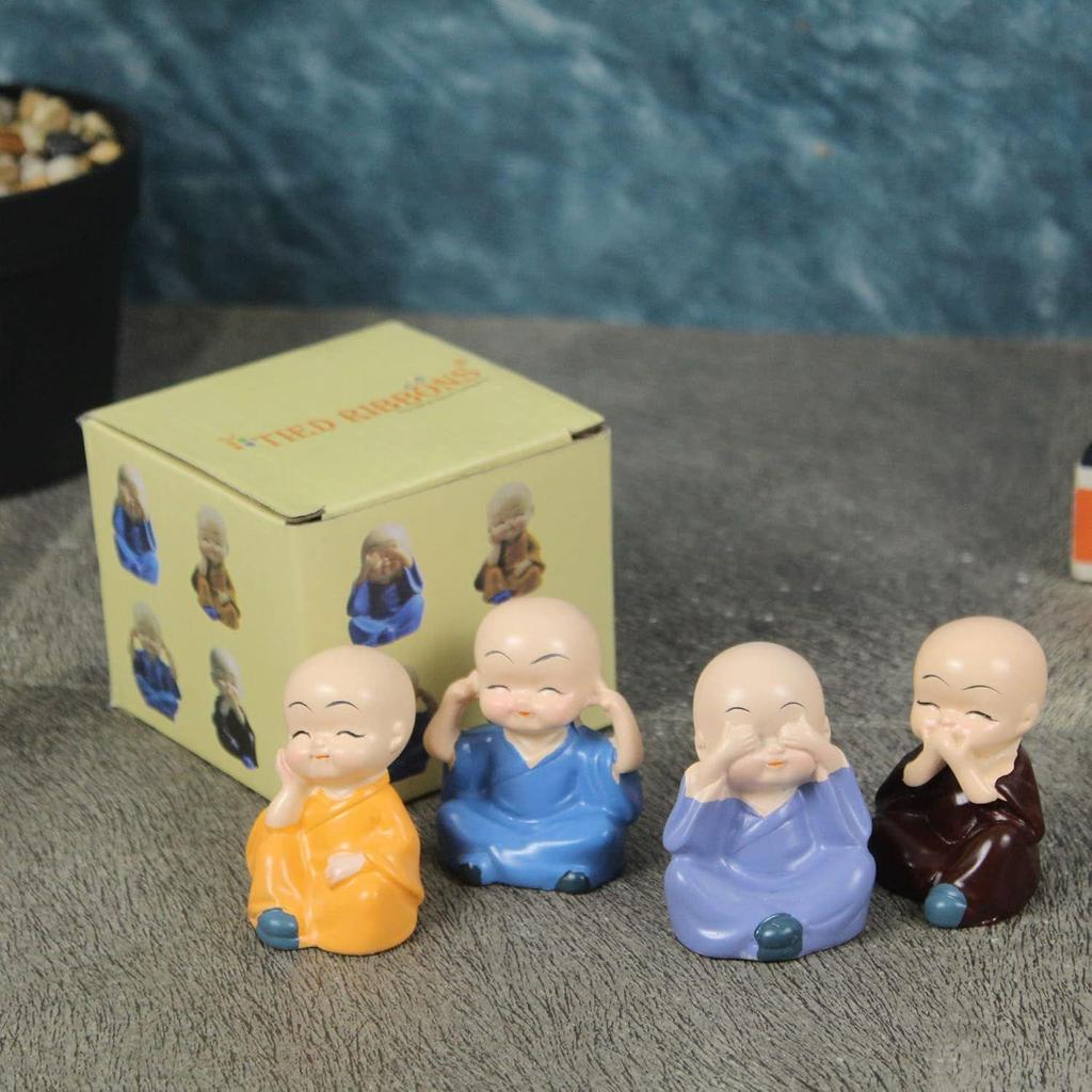 New Set of 4 Miniature Buddha Monk Statues for Home Decor and Gifts (Small,) Resin