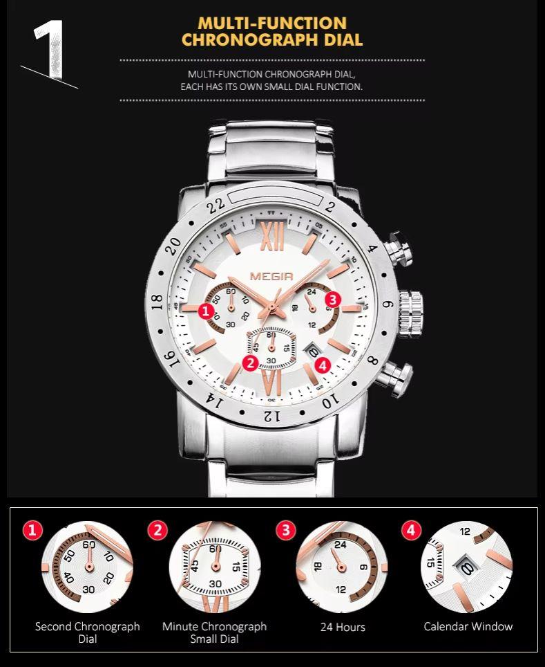 MEGIR Luxury Men's Business Watches Chronograph Waterproof Stainless Steel Quartz Watch Calendar Male Clock Reloj Hombre 3008