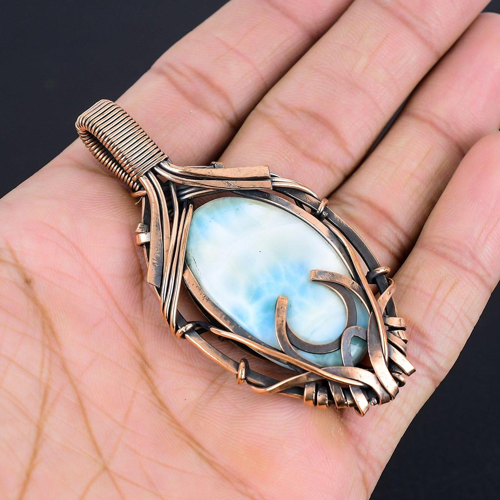 Подвеска с ларимаром, Ювелирное изделие из драгоценного камня, Подвеска, обернутая медной проволокой 999 пробы, Украшения ручной работы, Подвеска с камнем рождения, Подарок для него