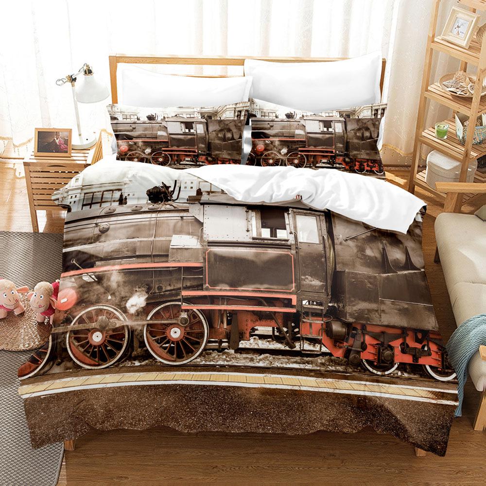 Steam Engine Duvet Cover Set Transportation Old Train King Queen Full Size Polyester Bedding Set For Teen Boys Adult Living Room