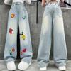 Брюки для девочек Детские повседневные свободные джинсы с вышивкой Love Mushroom для маленьких девочек Джинсовые брюки широкого кроя Весна Осень