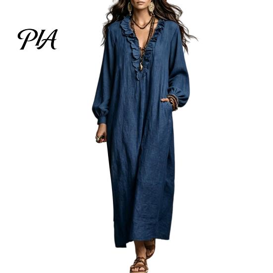 Women Casual Dresses Ruffle V Neck Long Dress, Loose Fit Midi Solid Color Sleeves Dress for Spring Autumn