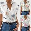 Elegant Blouse Printed Short Sleeve Shirts Summer Office Lady V-Neck Flower Shirt S-XXL