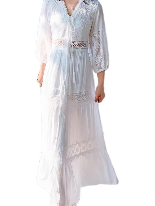 Белое длинное платье Женское летнее кружевное платье Пляжное Открытое женское элегантное винтажное свободное