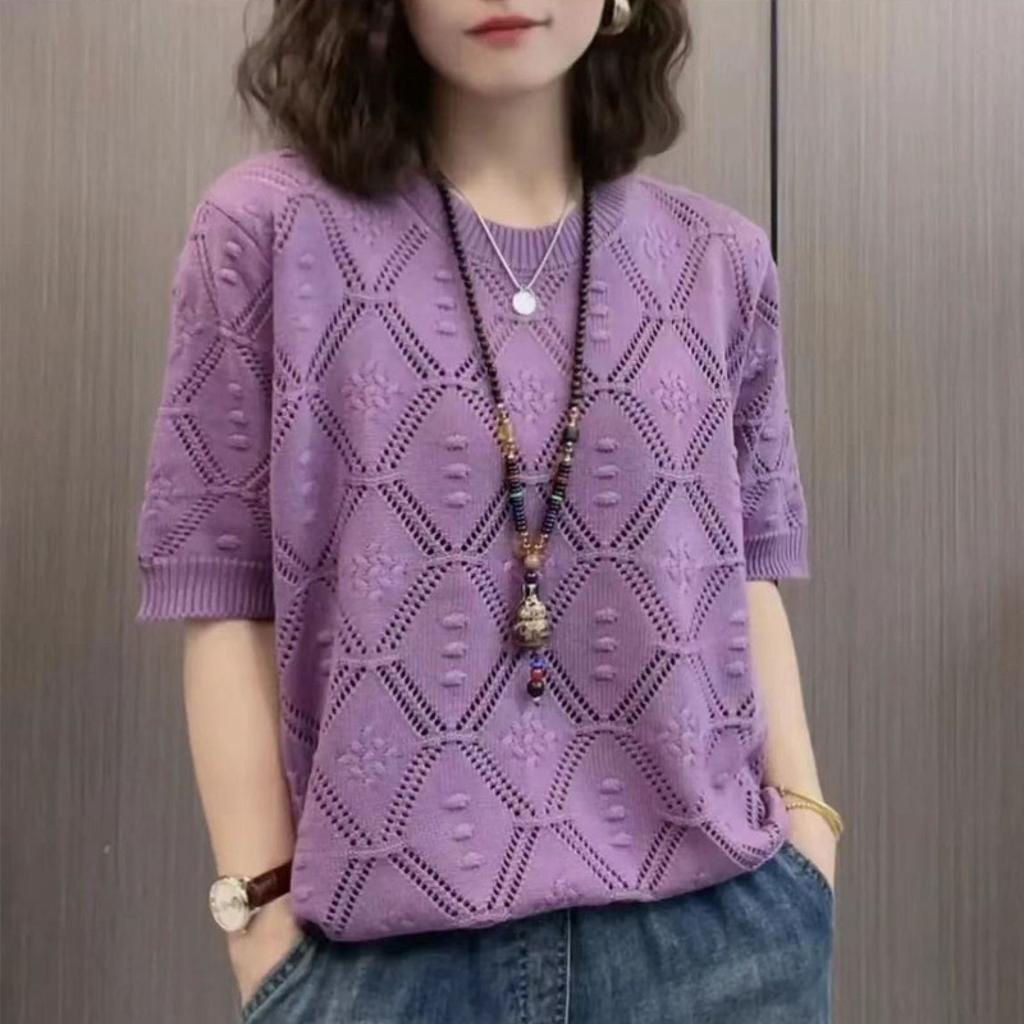 Французский ажурный летний тонкий вязаный свитер с короткими рукавами, женский модный свободный топ с круглым вырезом в западном стиле, уменьшающий возраст