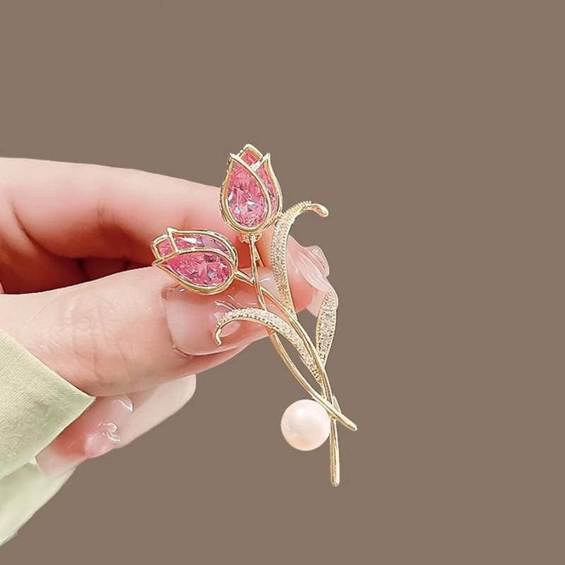 Zircon Tulip Flower Pearl Brooches For Women Sweet Floral Lapel Pins Banquet Party Clothes Corsage Jewelry Gift
