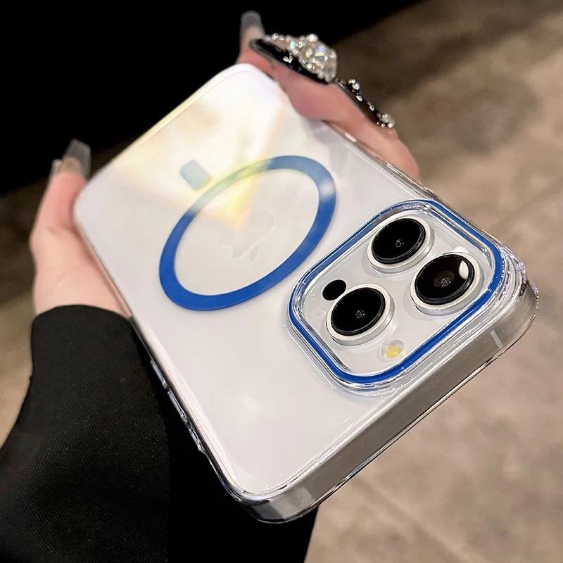 Для чехла Magsafe для телефона для iPhone 17 16 15 14 13 Pro Max Plus 16e 17 Air Металлические кнопки Прозрачная Твердая Поликарбонатная Крышка