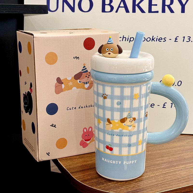 Cartoon Straw Cup Large Capacity Ceramic Drinking Cup with Lid  Cute Animal Breakfast Milk Cup  Souvenir