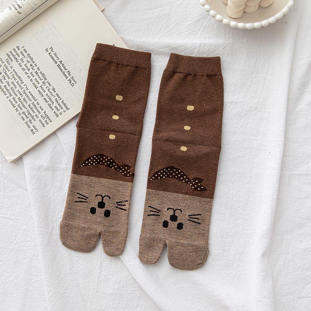 Harajuku Students Cartoon Cotton Split Toe Female Middle Tube Socks Cat Socks Hosiery Two Toe Socks