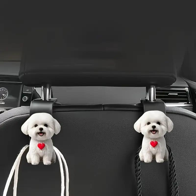Cute white Pomeranian car hook, 2D acrylic dog hidden organizer, backrest clip. Multi-function for cars, SUVs, no-drill install.