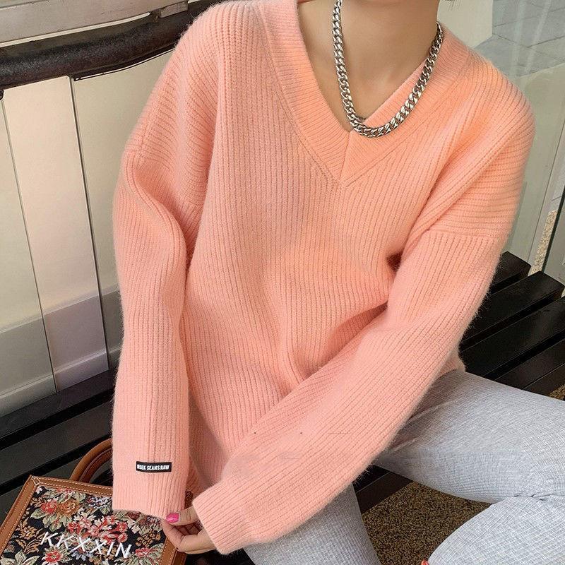 Свободный однотонный цветной лейбл в длинной секции свитер осень и зима V-образный вырез толстый иглой длинный рукав трикотажный свитер для женщин