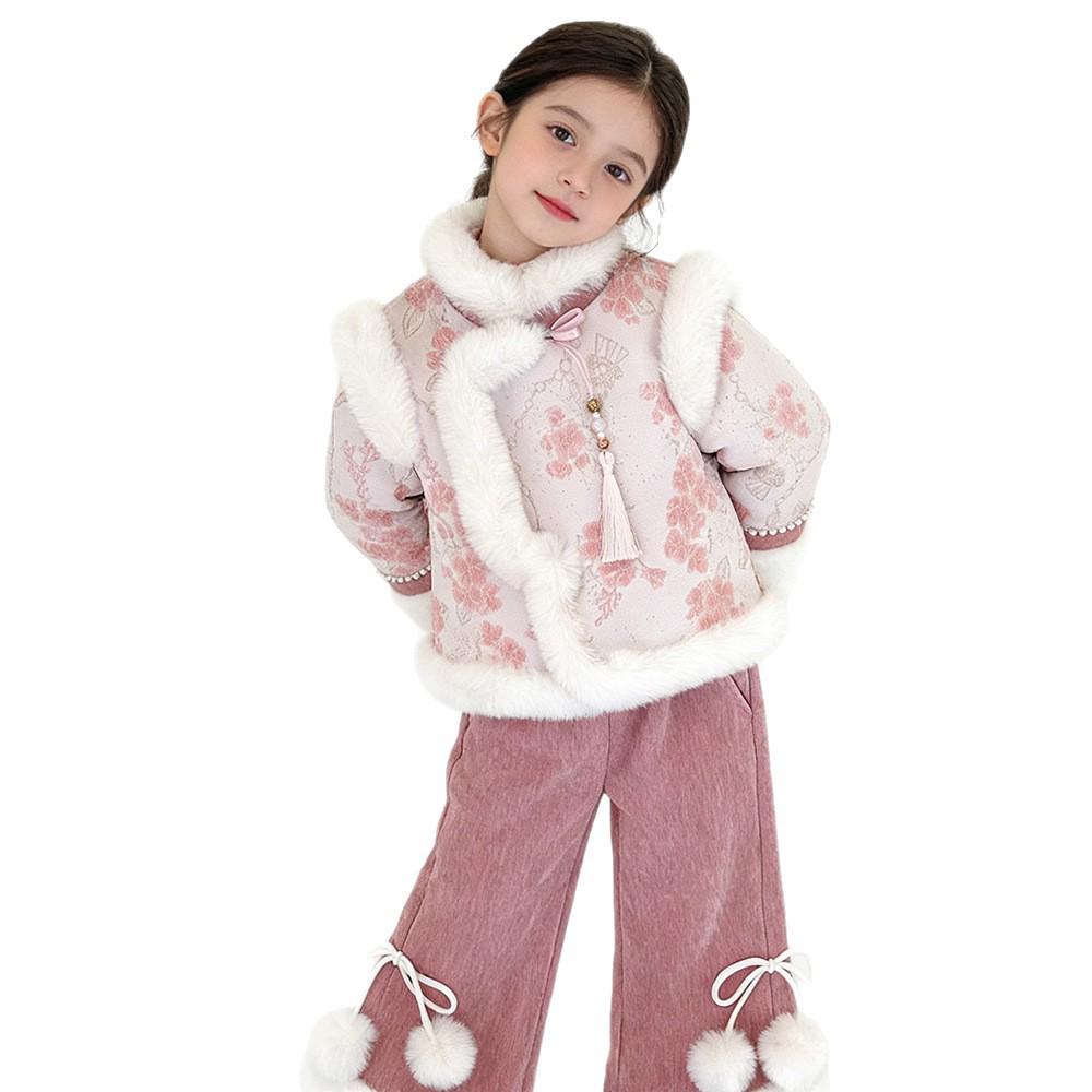 Зимний комплект из двух предметов в китайском стиле для девочек с отделкой из меха: Бархатный топ и брюки