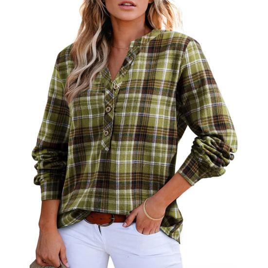 Женская рубашка с V-образным вырезом, на пуговицах, с полупланкой, длинным рукавом, пуловер, клетчатый узор, повседневная, обычного кроя, офисная