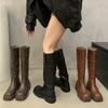 Зимняя обувь 2024, женские высокие сапоги до бедра, модные кожаные длинные рыцарские ботинки с пряжкой, женские ботинки, обувь для девочек на толстой подошве Q420