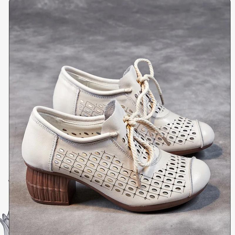 Johnature Ретро женская обувь Натуральная кожа Перфорированные Дышащие Мягкая подошва Толстый каблук Сандалии