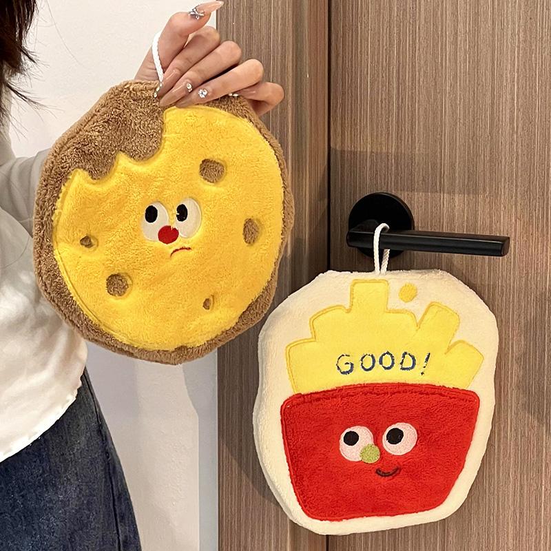 Cartoon Hamburger Toast Hand Towel Absorbent Coral Velvet Washing Hand Cloth Kitchen Bathroom Hanging Children Towel Thickened