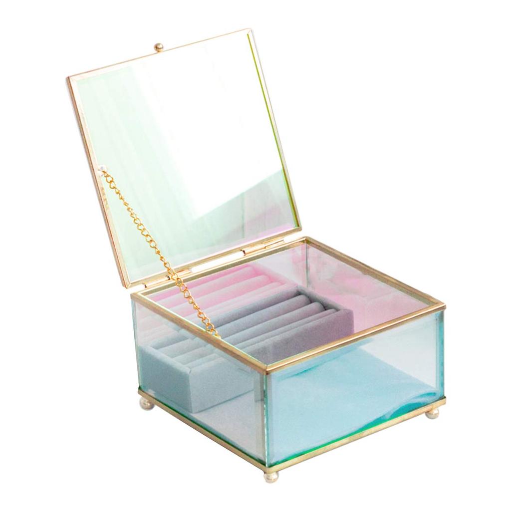 Moosy life AB61 Шкатулка для колец, серег и ожерелий. Прозрачное стекло с дизайном Северного сияния и металлической рамой. Отличная идея для подарка.