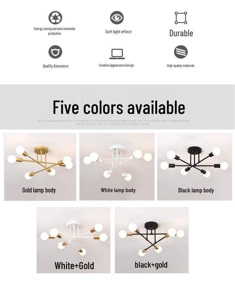Modern Industrial Multi-Head Wrought Iron Ceiling Light for Living Room or Bedroom