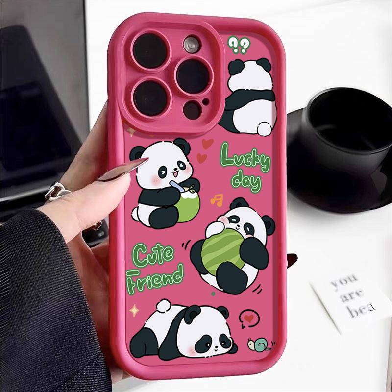 Lucky Panda Pattern Solid Color Shell для iPhone 16 Pro 15 14 Plus 13 12 Pro Max 11 Xs Xr 8 7 Ударопрочный мягкий TPU защитный чехол для объектива от падений
