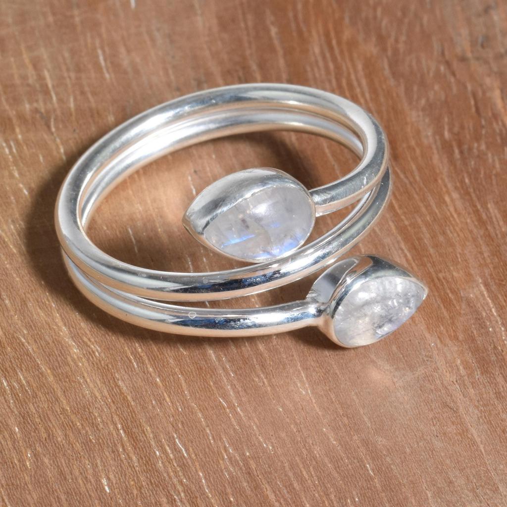 Natural Rainbow Moonstone 925 Sterling Silver Stacking Stackable Open Wrap Ring For Women & Girls