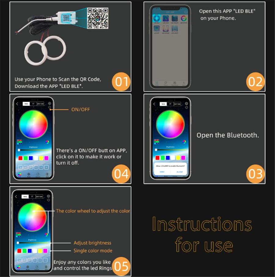 2PCS LED Angel Eyes Cotton Lights RGB APP Bluetooth Halo Rings For Car Scooter M