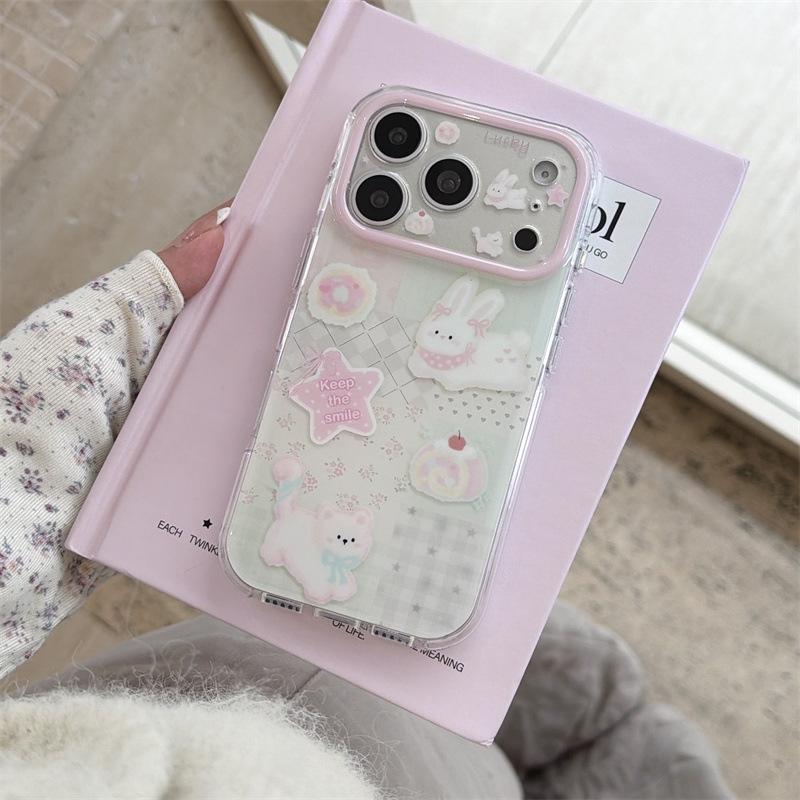 Girly Heart and Flower Patchwork Rabbit Puppy Phone Case for iPhone 17/16 Pro Max/15 Pro.