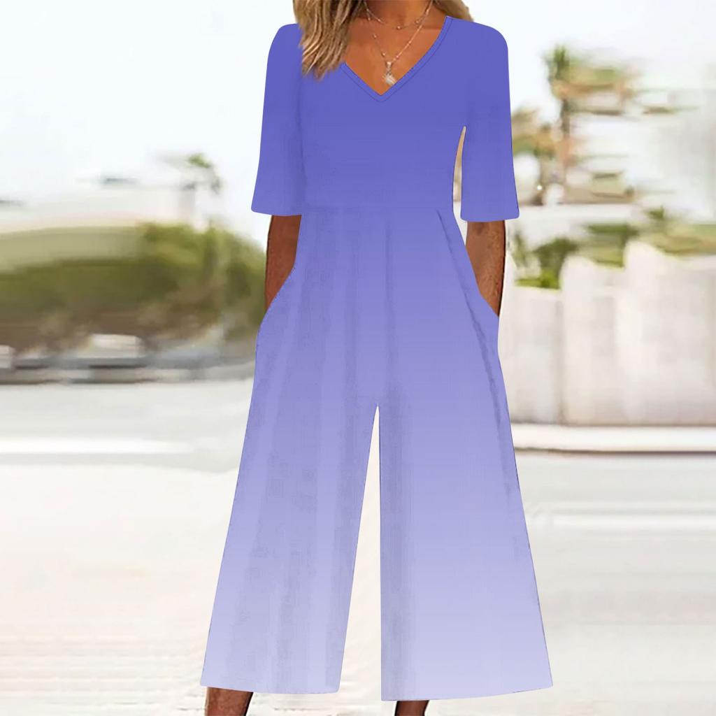 Женский свободный повседневный комбинезон с V-образным вырезом и градиентным принтом, приталенный, с широкими штанинами