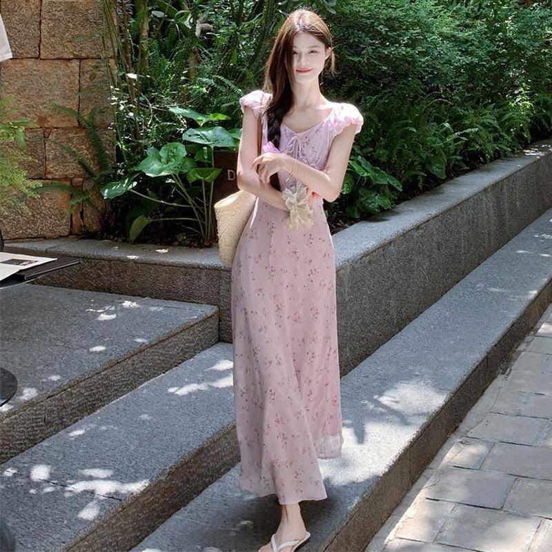 Летний образ ootd, чистое желание, фиолетовое цветочное платье, женская юбка-макси для отпуска на море, особенно красивое платье с приталенным силуэтом