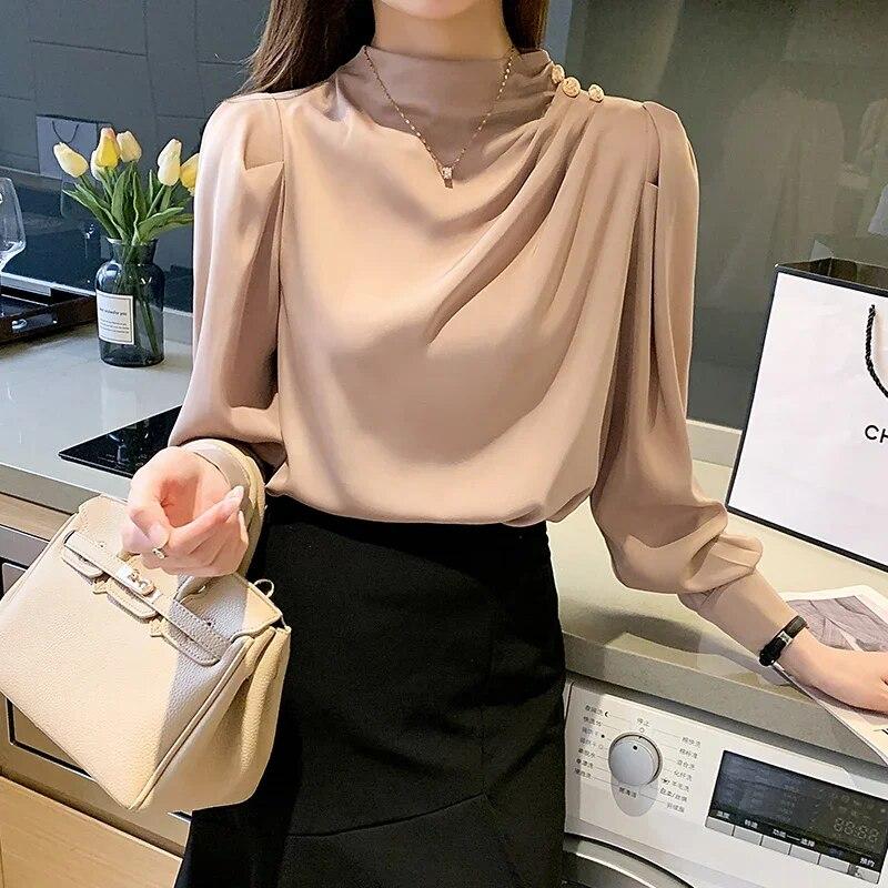 Elegant Long Sleeve Womens Shirts Fashion Chiffon Blouse Women Autumn Bottoming Woman Tops Female Clothing 30128