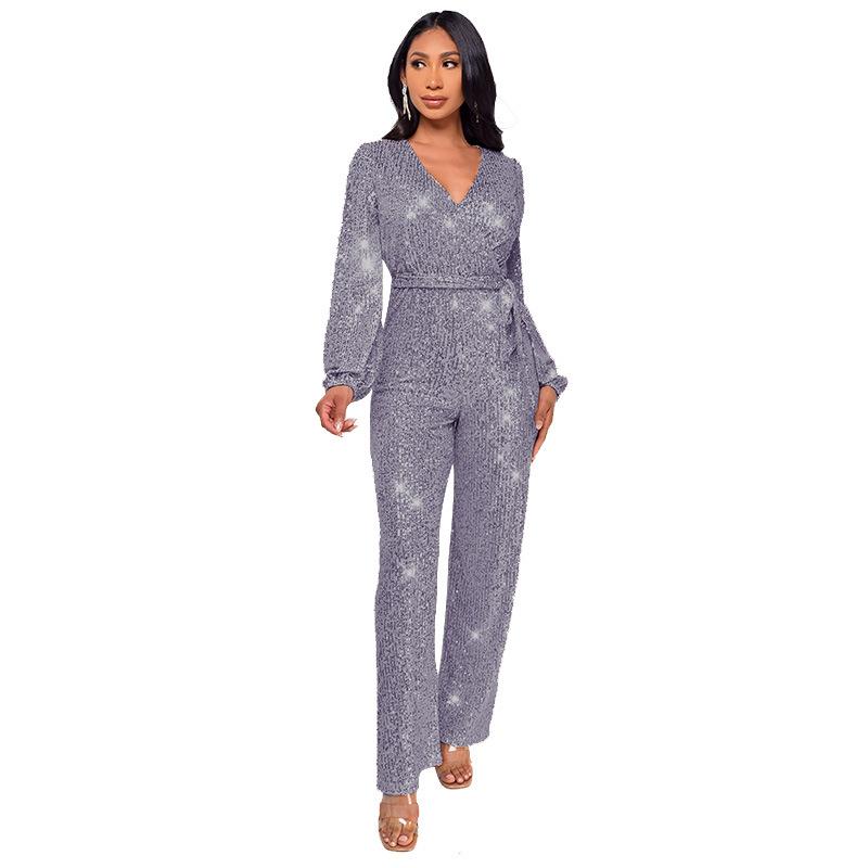 Sparkly Jumpsuits For Women Dressy Formal Plus Size Long Sleeve Sequin Party Rompers Sexy V Neck Wide Leg Pants Suit