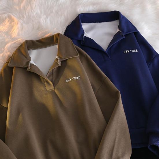 Women Autumn Spring Sweatshirt Turn-down Collar Loose Long Sleeves Pure Color Thin Elastic Cuffs And Hem Sport Style School Casual Top