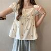 Women's Casual Summer Bow Print Top Lace-up Slimming Short Puff Sleeve Short-sleeved Shirt