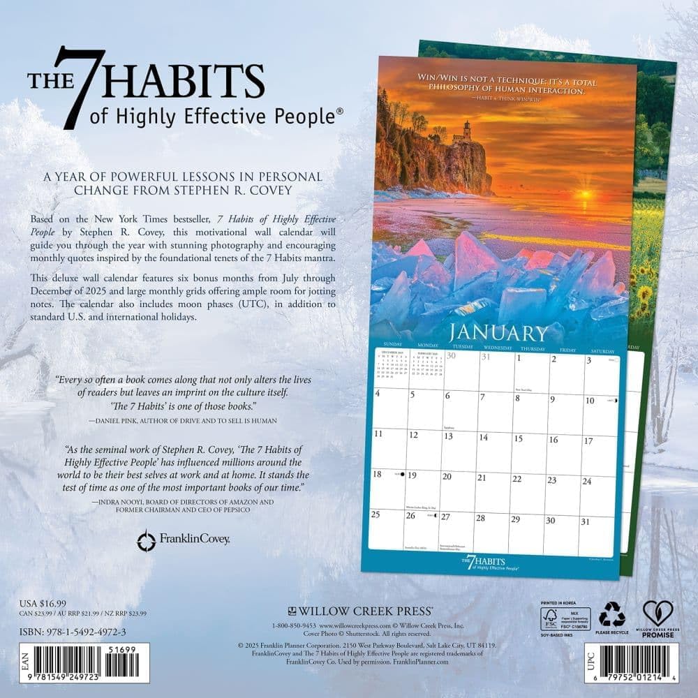 Willow Creek Press, 7 Habits of Highly Effective People Franklin Covey 2026 Wall Calendar, 12'' X 12'', 18-Month Calendar with Stapled Binding