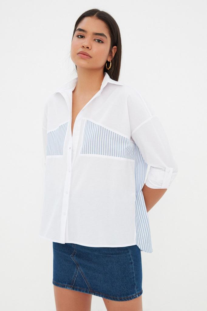 Женская модная новая рубашка в полоску цвета экрю, детальная тканая рубашка большого размера, широкий крой