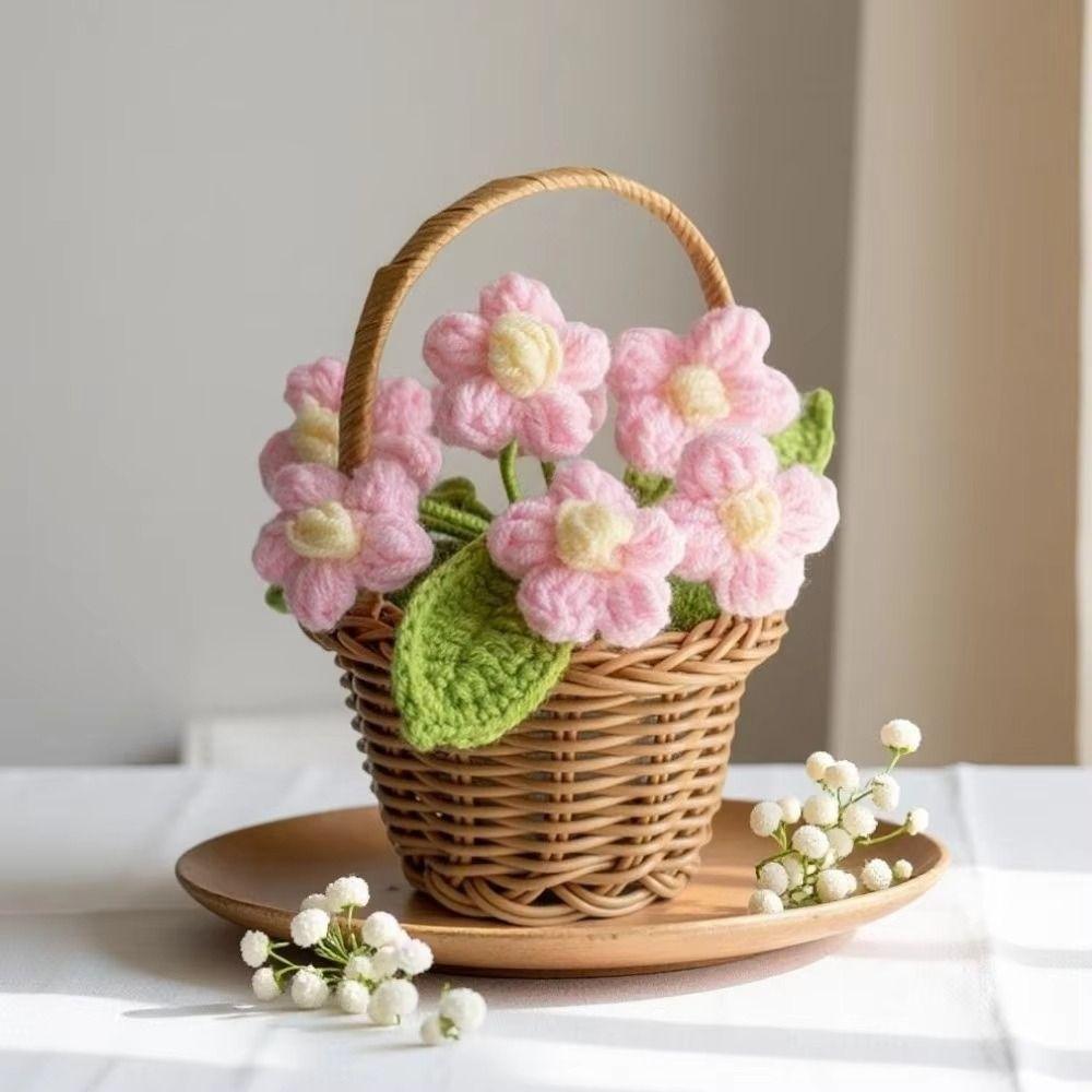 Woven Finished Knitted Flowers Handmade Puff Flower Potted Ornament Office Desktop Decoration