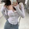 Черно-белая футболка женская хлопковая пуговица эластичные тонкие осенние топы с длинными рукавами модная футболка в корейском стиле женская одежда