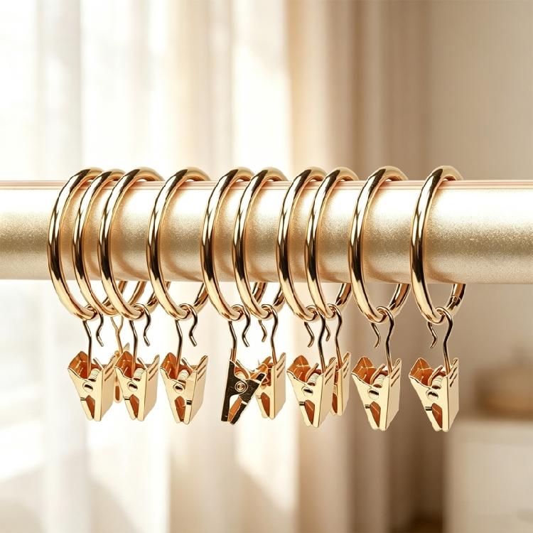 Pack of 10 Multipurpose Metal Curtain Rings with Clips 25 mm Interior Diameter for Curtain Rod, Drapery Hangers Easy Installation for Home Decors