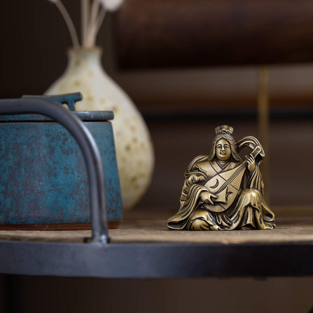 Benzaiten, One of the Seven Lucky Gods, Silky Gold. Sculptor: Makita Shuun. Antique Gold. Buddhist Statue. Takaoka Copperware (Benzaiten 7F).