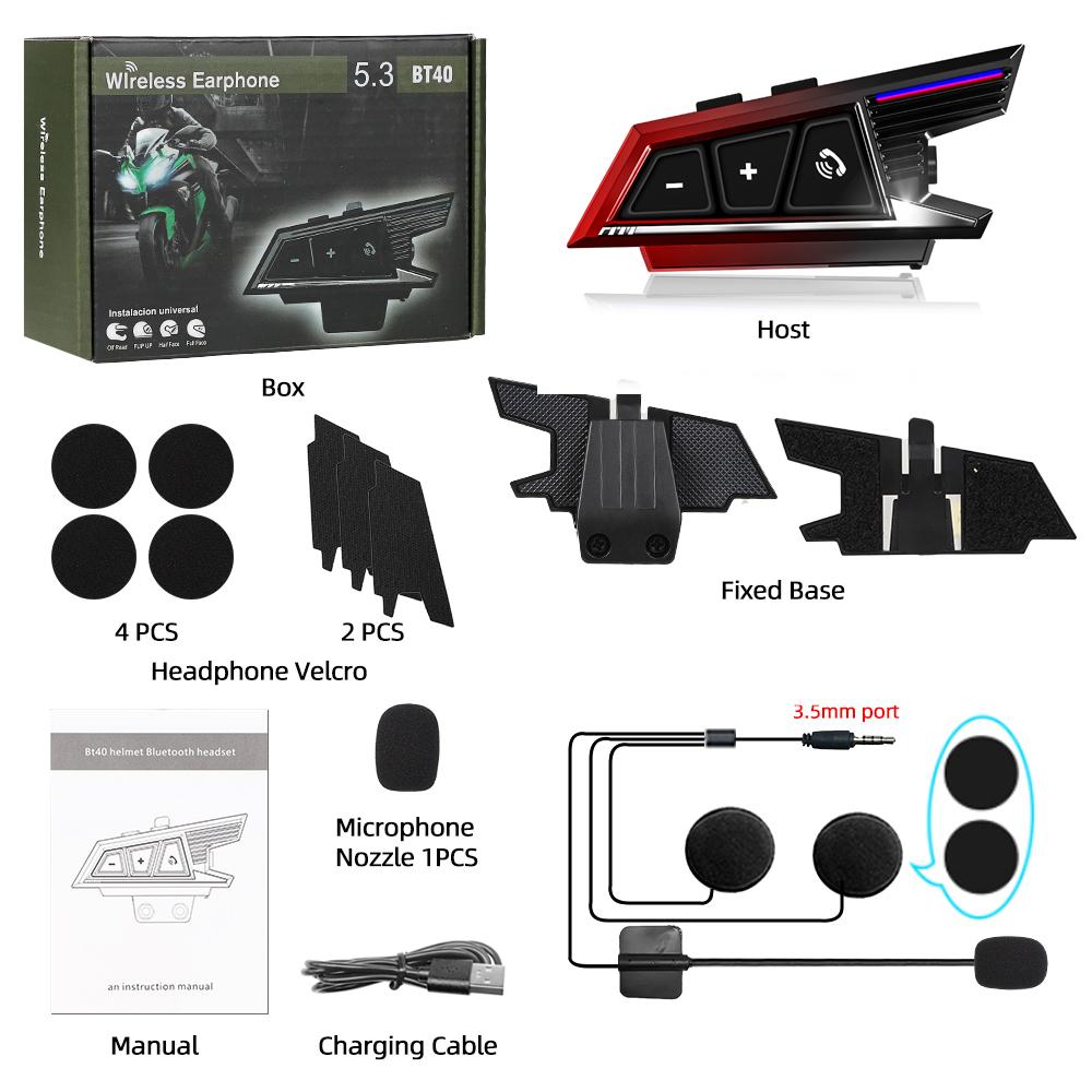 BT40 Bluetooth Motorcycle Helmet Headset Wireless Noise Reduction Motorcycle Headset Waterproof Headphones with Ambient Light