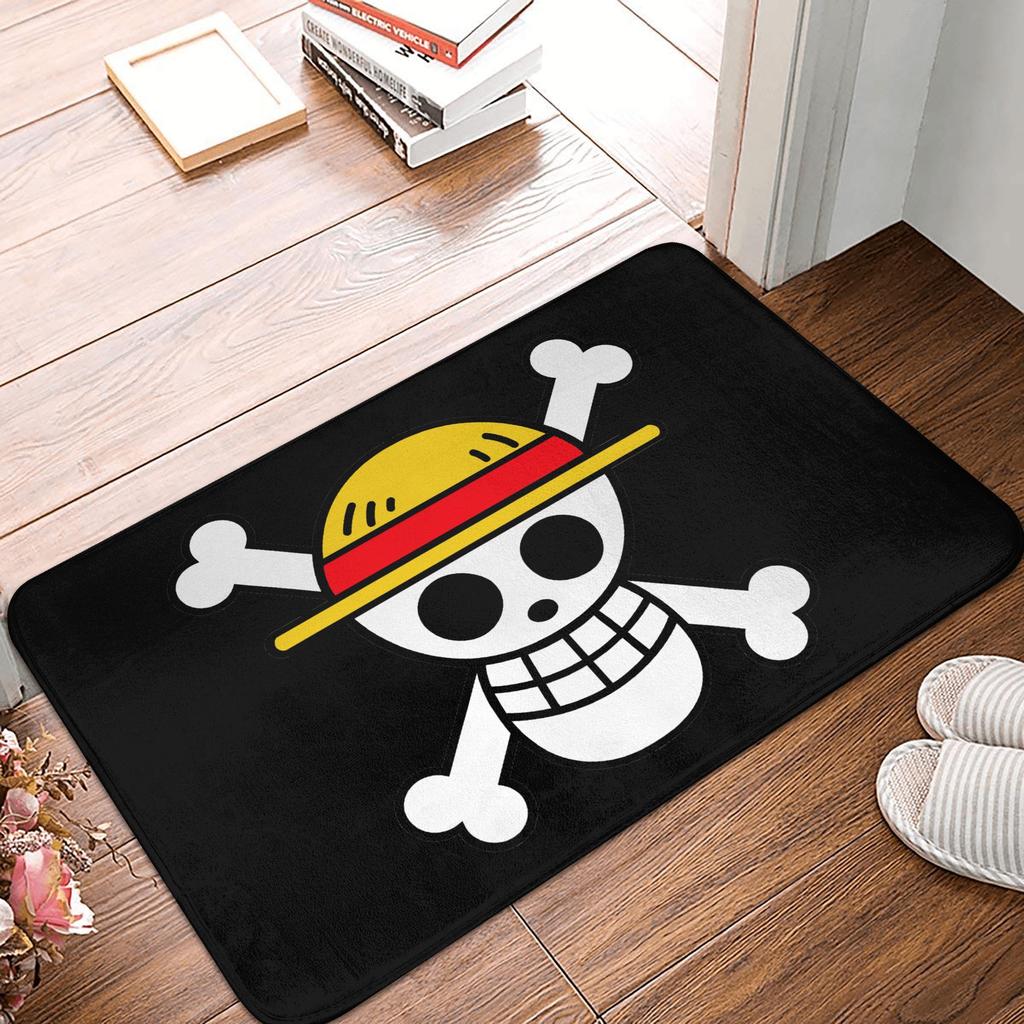 Anime One Piece Front Door Mat Anti-Slip Outdoor Absorbent Straw Hat Pirates Luffy Doormat Garden Garage Entrance Rug Carpet