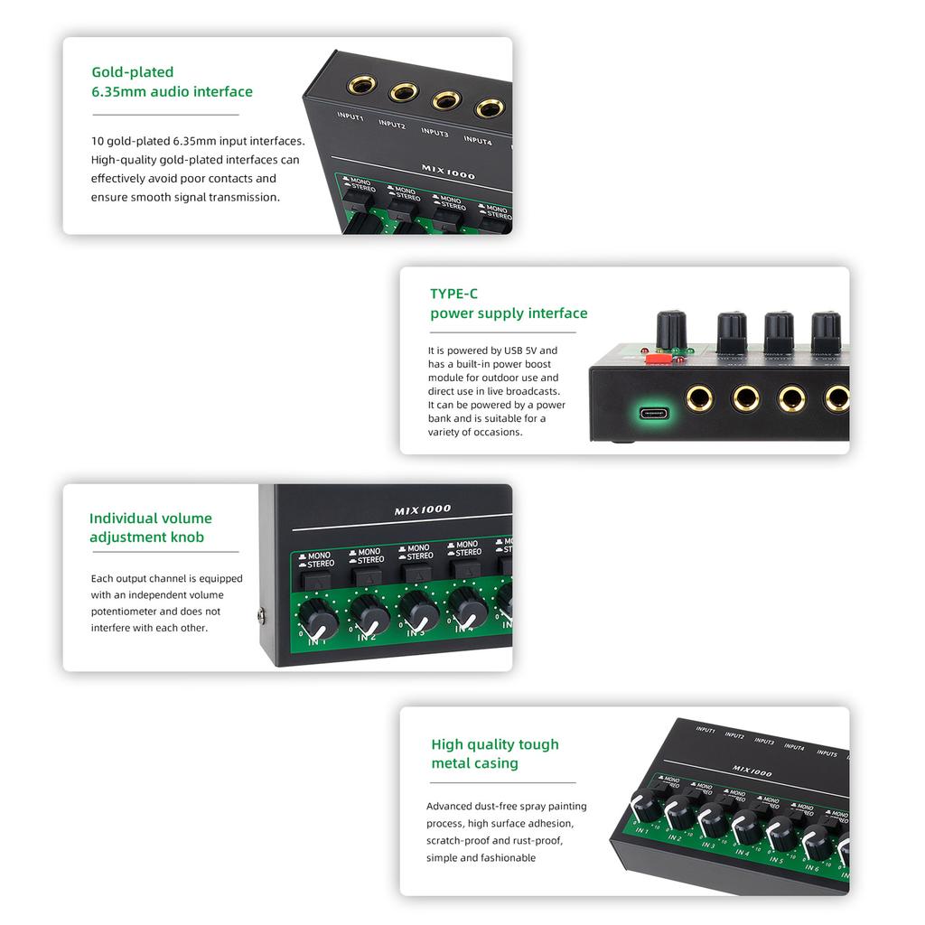 10-канальный аудиомикшер Стерео моно линейный микшер 6,35 мм TRS/TS вход металлический корпус аудио типа C