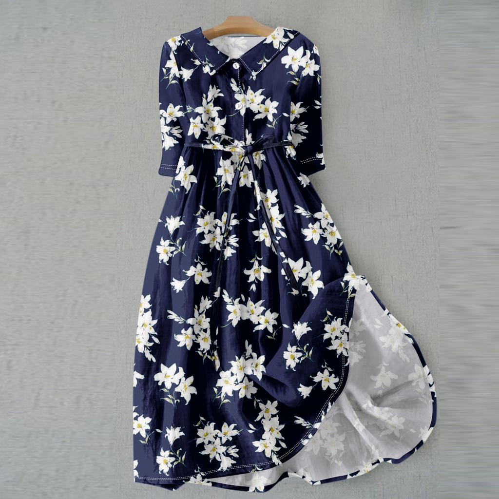 Женская мода повседневное платье с воротником на лацкане и пуговицами с рукавами 3/4 и бретелями