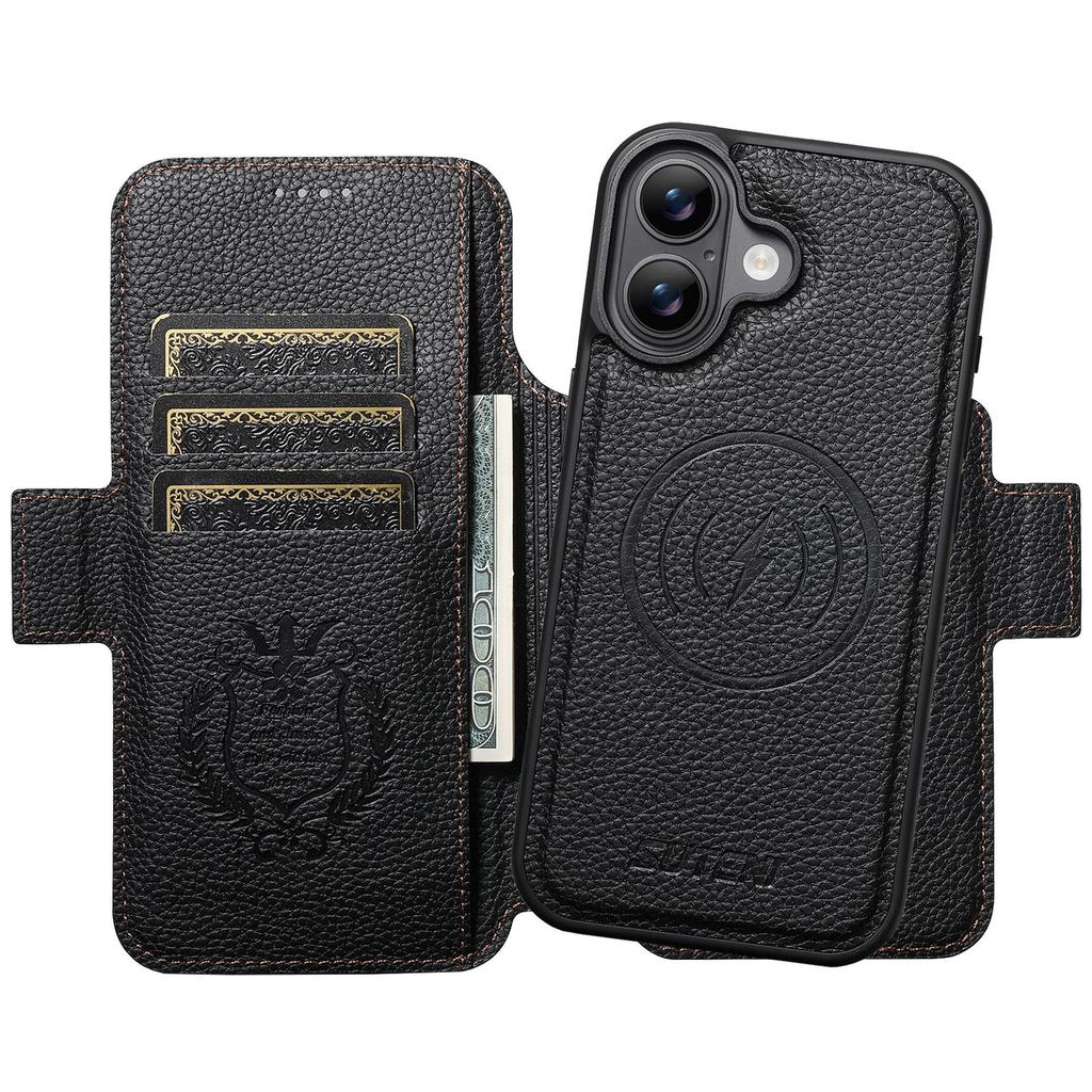 Чехол-книжка для iPhone 17: Слот для карт, Магнитная застежка, Подставка для беспроводной зарядки, Кошелек с цветными блоками, Кожа