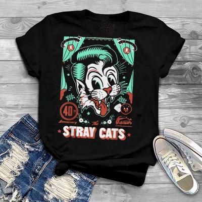 Винтаж STRAY CATS Группа Короткий рукав Хлопок Черный Полный Размер Унисекс Рубашка Унисекс Футболка