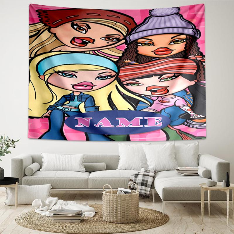 Custom Name Bratz Print Tapestry, Backdrop, Easy Setup, Ideal for Bedroom, Office & Living Room, with Aesthetic Wall Hanging Decor.