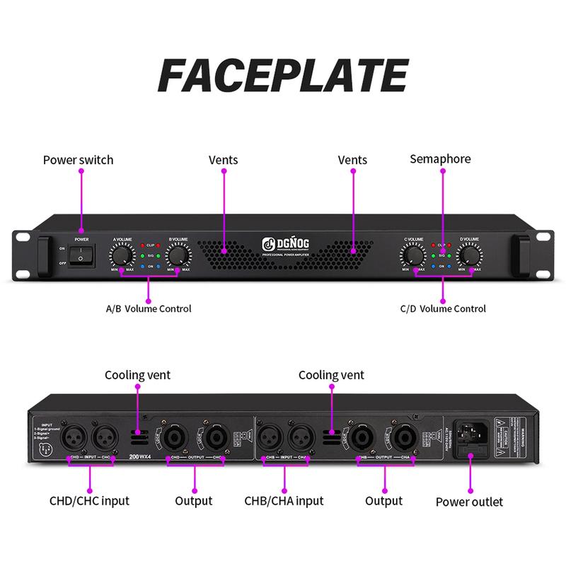DJ Power Amplifier 4 Channel Lightweight Amplifier 1U 8 Ohm 100W 4 Ohm 200W Suitable for Small Stage Performance Karaoke DGNOG